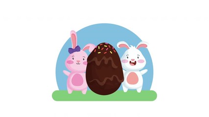 Sticker - happy easter animated card with rabbits couple and egg painted