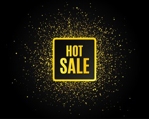 Hot Sale. Golden glitter pattern. Special offer price sign. Advertising Discounts symbol. Black banner with golden sparkles. Hot sale promotion text. Gold glittering effect. Vector