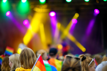 West Pride Music Event on PRIDE Festival with colourful flags and spotlights, LGBT