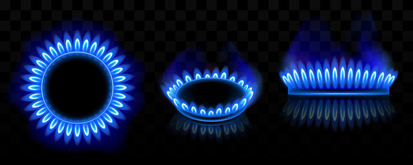 Gas burner with blue flame, glowing fire ring on kitchen stove. Vector realistic mockup of burning propane butane in oven for cooking in top and side view isolated on black background