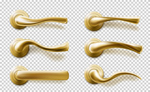 Realistic Door Handles Set, Golden Knobs Of Different Shapes Isolated On Transparent Background. Shiny Gold Modern Metal Doorknobs, Design Element For Interior, 3d Vector Illustration, Icon, Clip Art