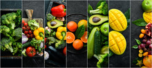 Photo Collage Of Fresh Fruits And Vegetables On Black Background. Food Banner.