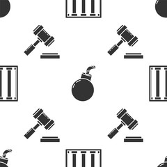 Canvas Print - Set Prison window, Bomb ready to explode and Judge gavel on seamless pattern. Vector