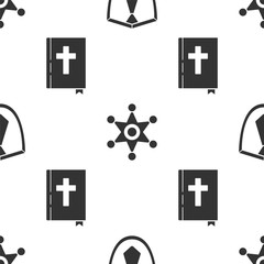 Poster - Set Tie, Hexagram sheriff and Holy bible book on seamless pattern. Vector