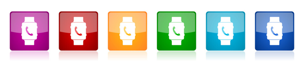 Poster - Smartwatch icon set, phone call colorful square glossy vector illustrations in 6 options for web design and mobile applications