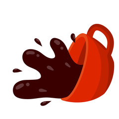 Wall Mural - Spilled Cup of coffee. Spray and drop. Sloppy handling in the kitchen. Cartoon flat illustration. Red mug. Brown drink with caffeine