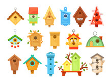 Decorative Wooden Spring Bird Houses. Colorful Garden Birdhouses For Feeding Birds. Wooden Constructions To Birds Small Buildings Of Planks With Hole. Birdhouses Set Vector Illustration.