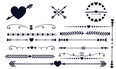 Hearts border divider. Love vintage decorative line vector design icons  arrow valentine page love text card