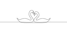 Couple Of Beautiful Swans Gliding On Water Surface In Continuous Line Art Drawing Style. Birds In Love. Minimal Black Linear Sketch Isolated On White Background. Vector Illustration