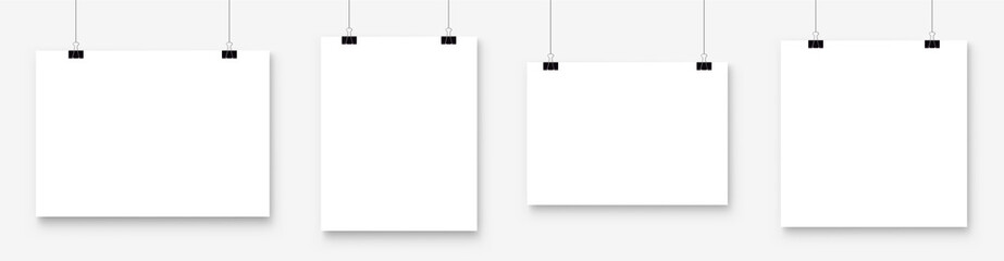 Sticker - White blank poster template hanging on wall. Paper banner mockup. Vector