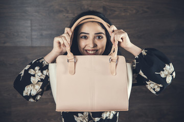 Wall Mural - happy woman hand pink bag