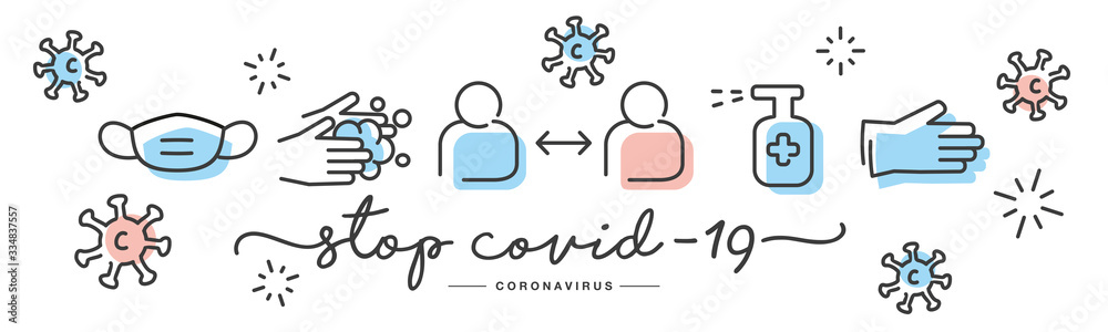 Stop Covid 19 Coronavirus prevention icons handwritten typography lettering text line design colorful virus draw white isolated background banner - obrazy, fototapety, plakaty 