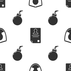 Sticker - Set User protection, Identification badge and Bomb ready to explode on seamless pattern. Vector