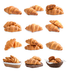 Set of tasty fresh croissants on white background. French pastry