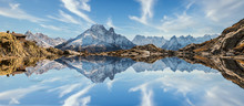 Reflection Of Mont Blanc On Lake In High Mountains In The French Alps, Chamonix.