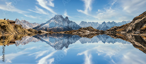 Canvas Print Reflection of Mont Blanc on lake in high mountains in the French Alps, Chamonix
