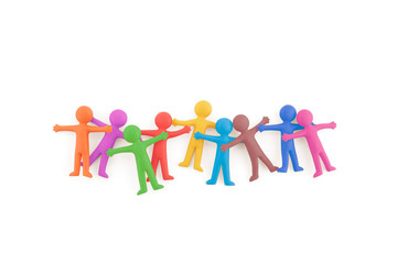 Group of colorful people figures sticking together on white background with clipping path