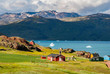 The view of Narsarsuaq in Greenland and the bay with icebergs.
