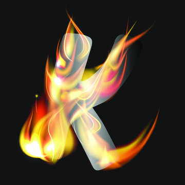 letter K fire or shades of horror, burning letters, Latin fonts from fire, collection of fonts, fire for creative business logos and GAME