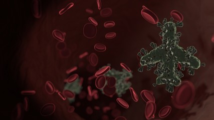 Wall Mural - microscopic 3D rendering view of virus shaped as symbol of flight inside vein with red blood cells