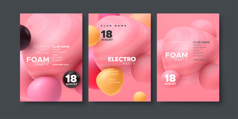 Electronic music festival ads poster. Modern club foam party invitation. Vector illustration with 3d abstract spheres. Dynamic colorful bouncing balls. Dance music event cover. Brochure template