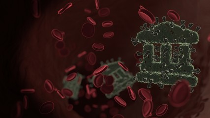 Wall Mural - microscopic 3D rendering view of virus shaped as symbol of landmark inside vein with red blood cells