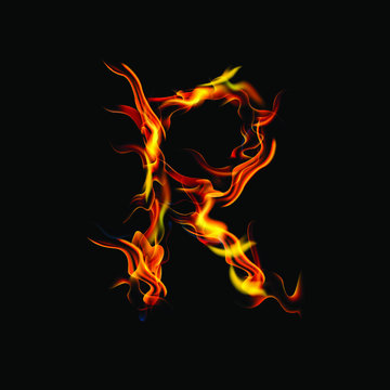 letter R fire or shades of horror, burning letters, Latin fonts from fire, collection of fonts, fire for creative business logos and GAME