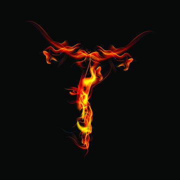 letter T fire or shades of horror, burning letters, Latin fonts from fire, collection of fonts, fire for creative business logos and GAME