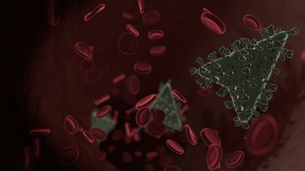 Wall Mural - microscopic 3D rendering view of virus shaped as symbol of navigation  inside vein with red blood cells