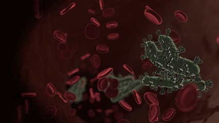 Wall Mural - microscopic 3D rendering view of virus shaped as symbol of plane arrival inside vein with red blood cells