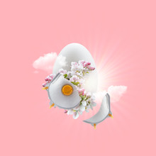 Easter Egg With A Sprig Of A Blossoming Apple Tree, A Broken Protective Mask And The Sun.