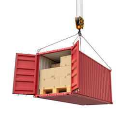 Poster - 3d rendering of open red cargo container full of cardboard packages, suspended from crane, isolated 