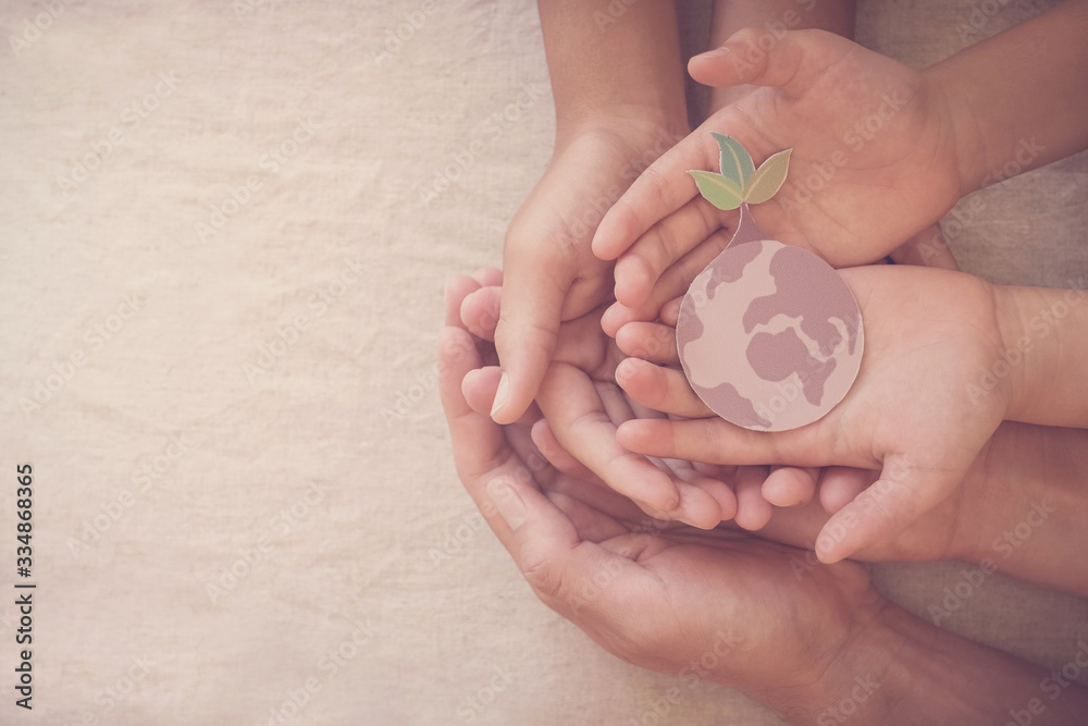 Hands holding growing tree on earth, save planet, earth day, ecology environment, climate emergency action, csr social responsibility, sustainable living, world environment day concept - obrazy, fototapety, plakaty 