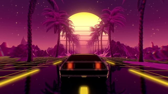 Wall Mural - 80s retro futuristic sci-fi seamless loop with vintage car. Riding in retrowave VJ videogame landscape, neon lights and low poly grid. Stylized cyberpunk vaporwave 3D animation background. 4K