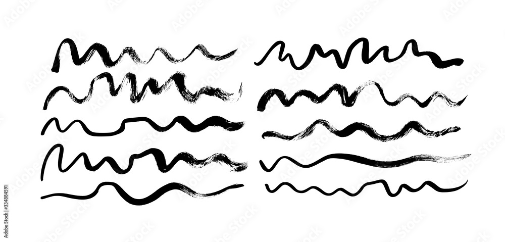 Black paint wavy brush strokes vector collection. Dirty curved lines ...