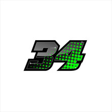 Vector Racing Number 34, Start Racing Number, Sport Race Number With Green Black Color And Halftone Dots Style Isolated On White Background