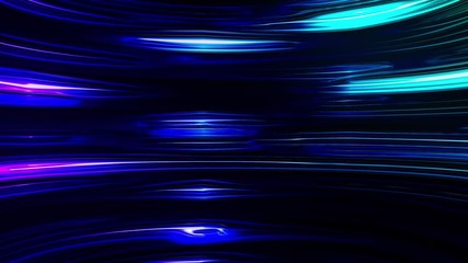 Poster - Horizontal liquid neon lines shimmer in a smooth bend. Abstract computer generated background, 3d rendering