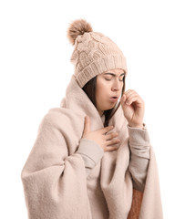 Coughing young woman on white background