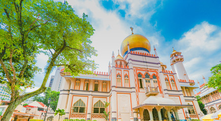 Sultan Mosque in Singapore on a bright blue sky