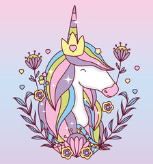 Wall Mural - unicorn horse cartoon with leaves wreath vector design