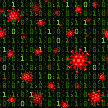 Green Digital Matrix With Red Viruses. 0 1 Numbers. Dark Repetitive Background. Vector Seamless Pattern. Corrupt Programming  Code. Technology Malware Concept. Textile Fabric Swatch. Wrapping Paper