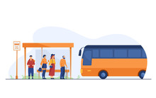 Passengers Waiting For Public Transport At Bus Stop Flat Vector Illustration. Cartoon Characters Using Auto. Transportation And Conveyance Concept.