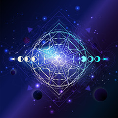 Wall Mural - Vector illustration of Sacred geometric symbol against the space background with planets and stars.