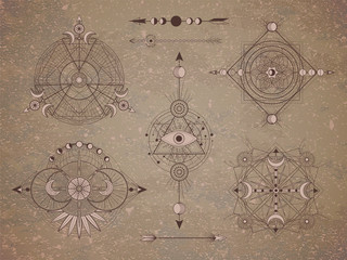 Wall Mural - Vector set of Sacred symbols with moon, eye, arrows and geometric figures on old paper background. Abstract mystic signs collection.