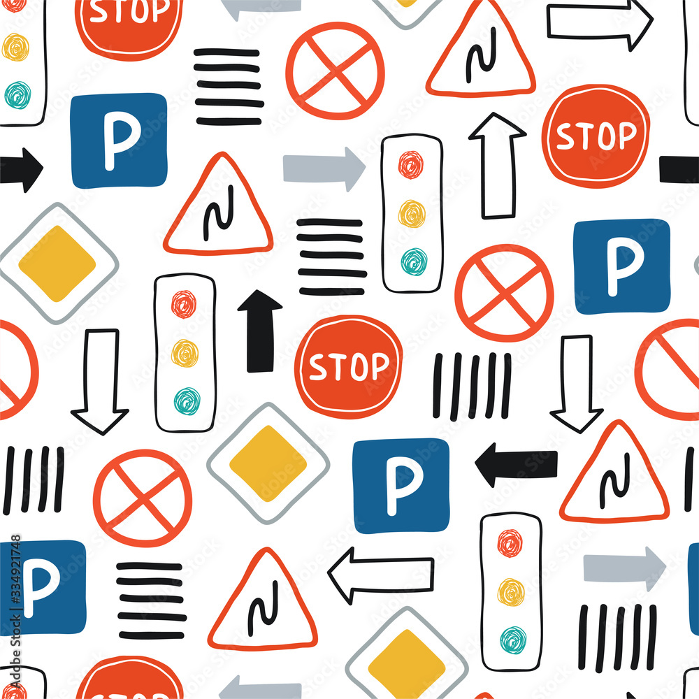 Pattern Road Light Cute, colorful seamless pattern with road signs and traffic lights on a ...