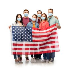 Sticker - health, quarantine and pandemic concept - group of people wearing protective medical masks for protection from virus with American flag over white background