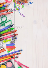 Wall Mural - School supplies on wooden desk. Back to school concept.