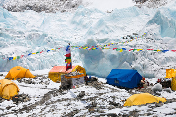 bright yellow tents in mount everest base camp, khumbu glacier and mountains, sagarmatha national pa