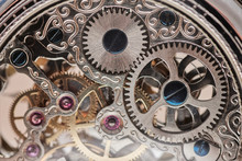 Precise Gears Of A Pocket Watch, Six Rubies Are Seen