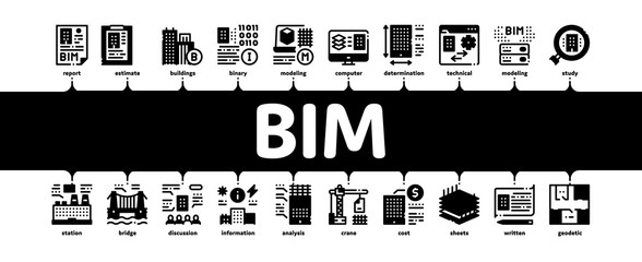 Fototapete - Bim Building Information Modeling Minimal Infographic Web Banner Vector. Building Document And Plan, Research And Build Construction, Bridge And Apartment Illustrations